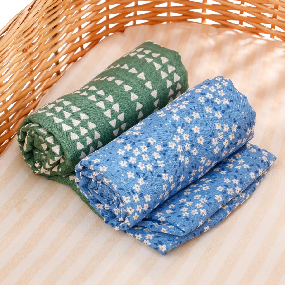 Lot 2 Maxi langes bebe en coton et bambou Bleu et Vert