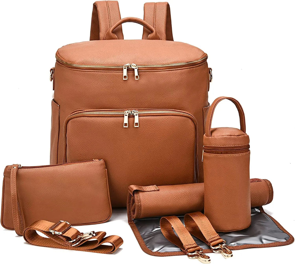 Sac a dos a langer en cuir noir Marron Camel