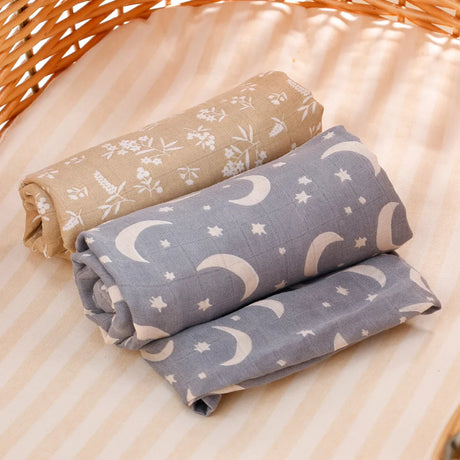 Lot 2 Maxi langes bebe en coton et bambou Beige et Bleu