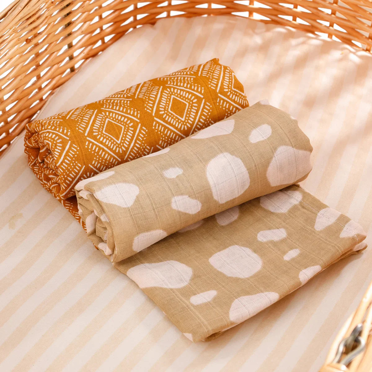 Lot 2 Maxi langes bebe en coton et bambou Marron et BEige