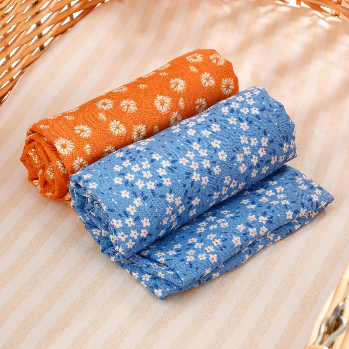 Lot 2 Maxi langes bebe en coton et bambou Moutarde et BLeu