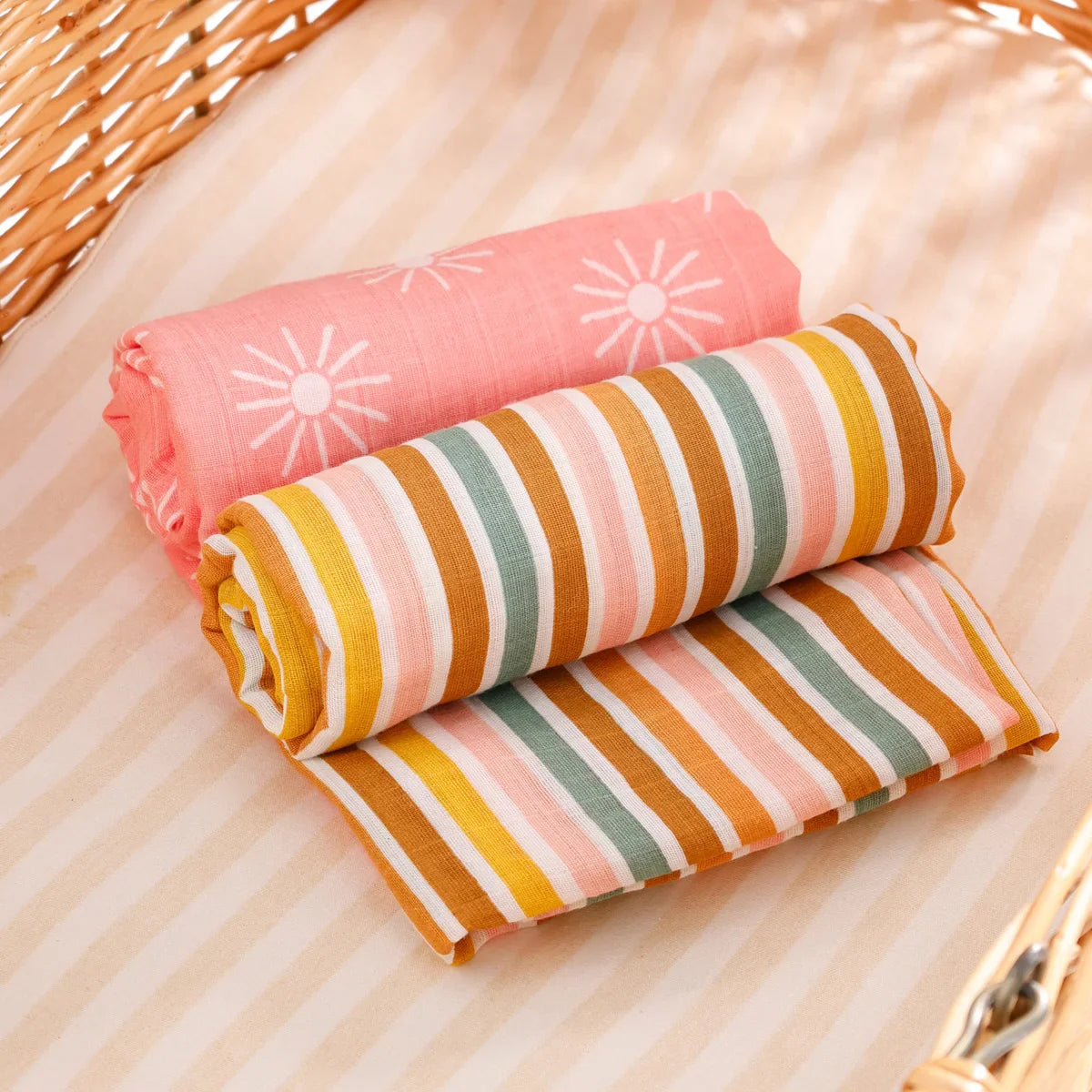 Lot 2 Maxi langes bebe en coton et bambou  Rose et à rayures