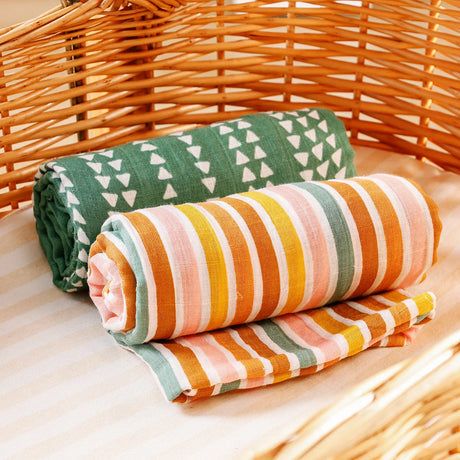 Lot 2 Maxi langes bebe en coton Vert et a rayure