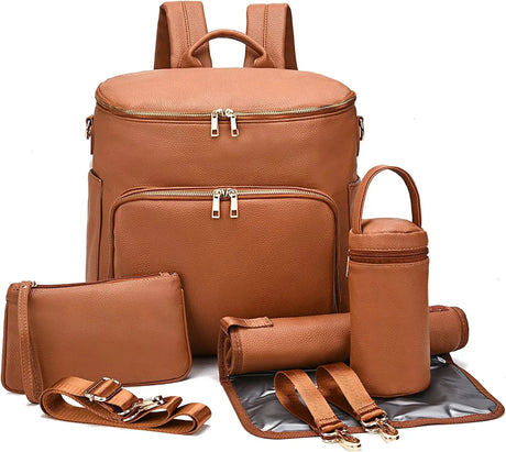 Sac a dos a langer en cuir noir Marron Camel